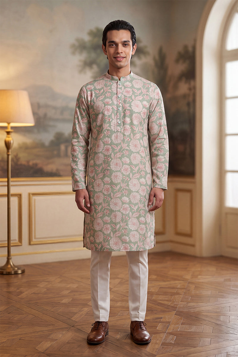 Mens Green Linen Blend Floral Printed Kurta MKU2624