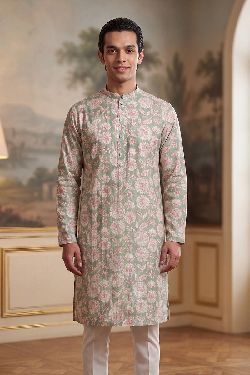 Mens Green Linen Blend Floral Printed Kurta MKU2624