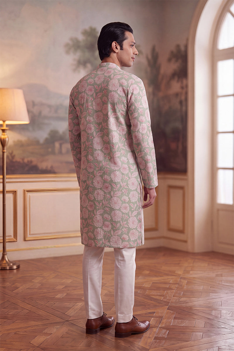 Mens Green Linen Blend Floral Printed Kurta MKU2624