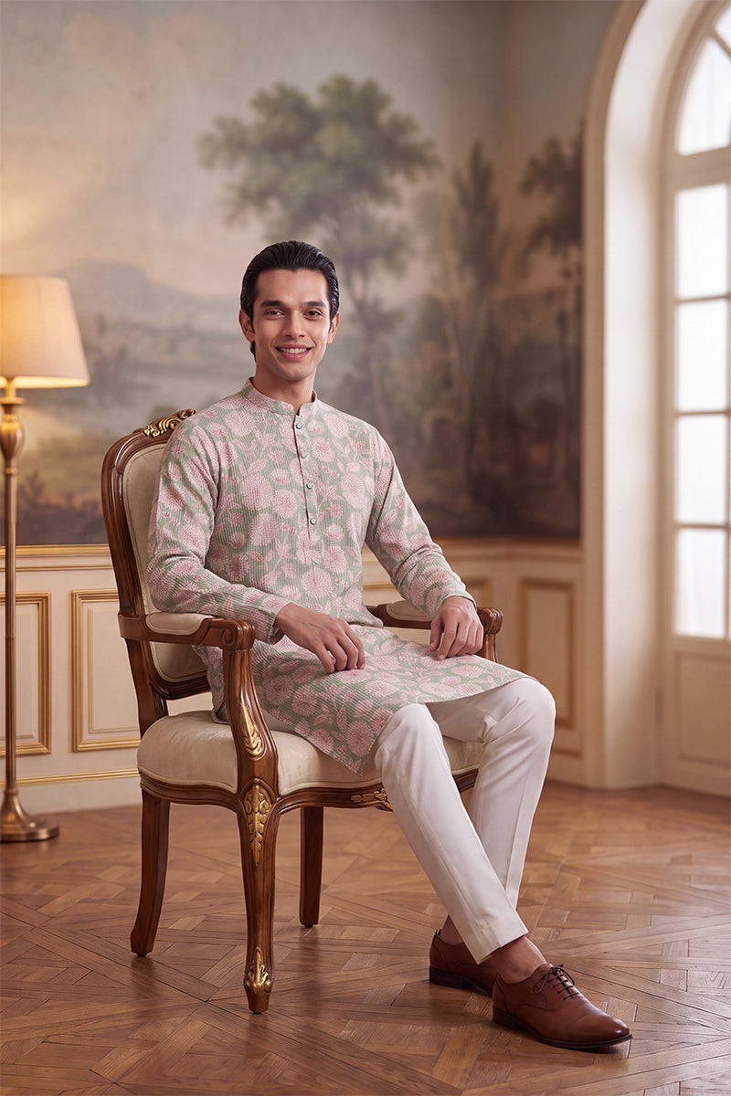 Mens Green Linen Blend Floral Printed Kurta MKU2624