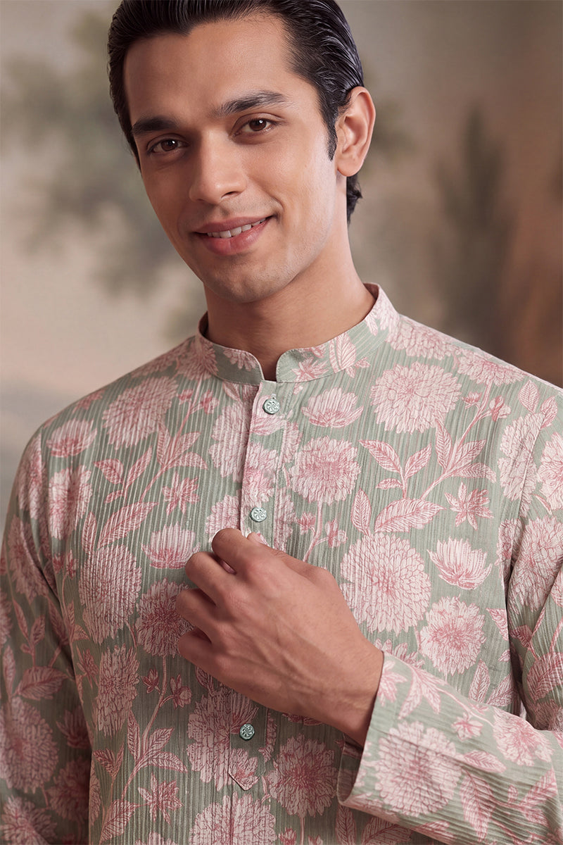 Mens Green Linen Blend Floral Printed Kurta