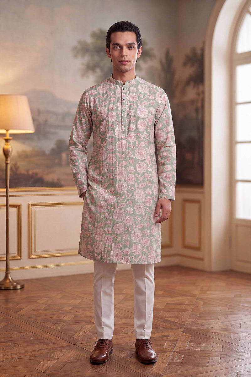 Mens Green Linen Blend Floral Printed Kurta
