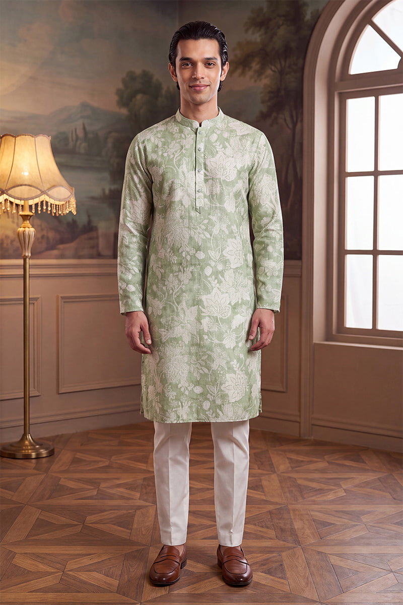 Mens Green Linen Blend Floral Printed Kurta With Trouser MKSET2628