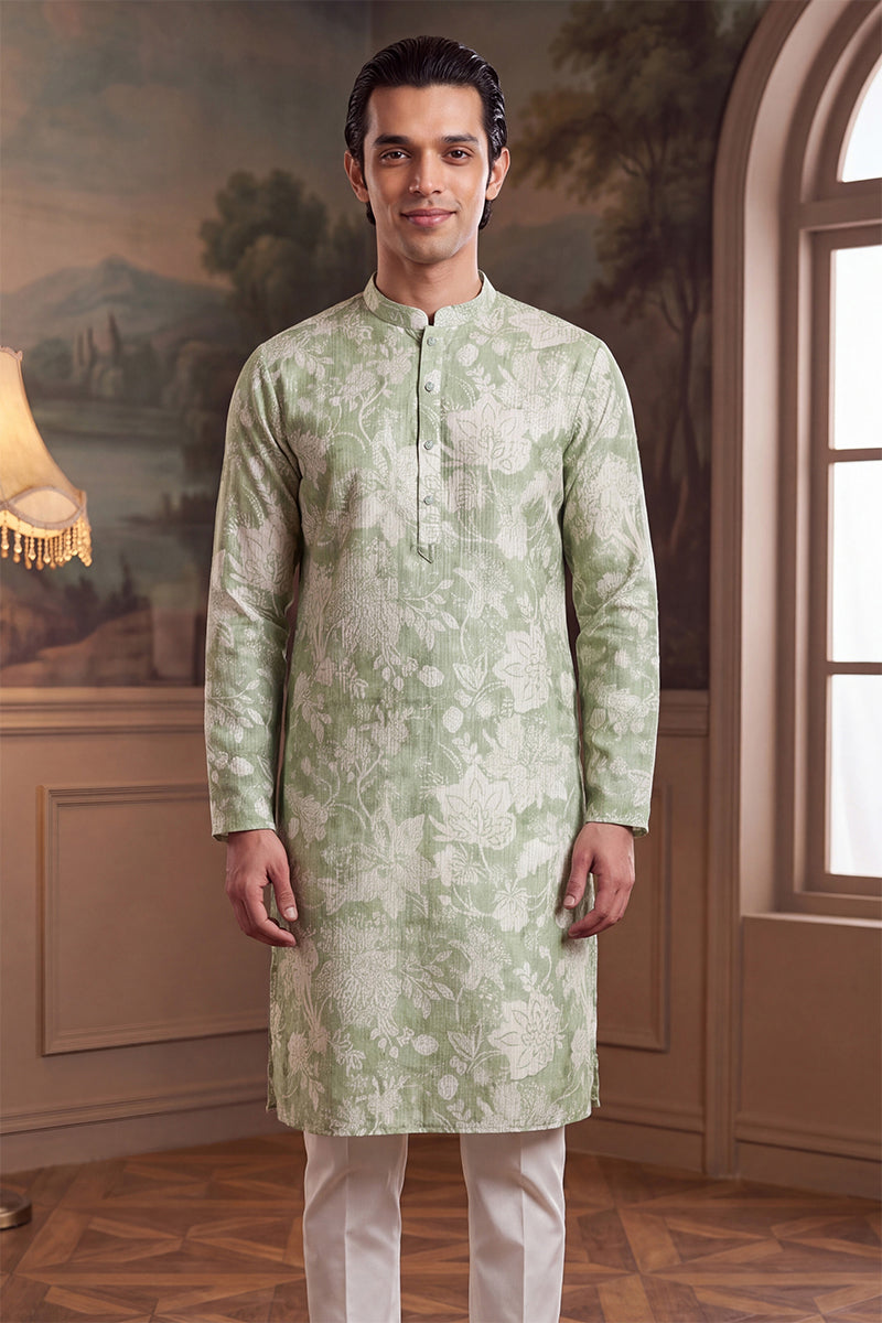 Mens Green Linen Blend Floral Printed Kurta MKU2628