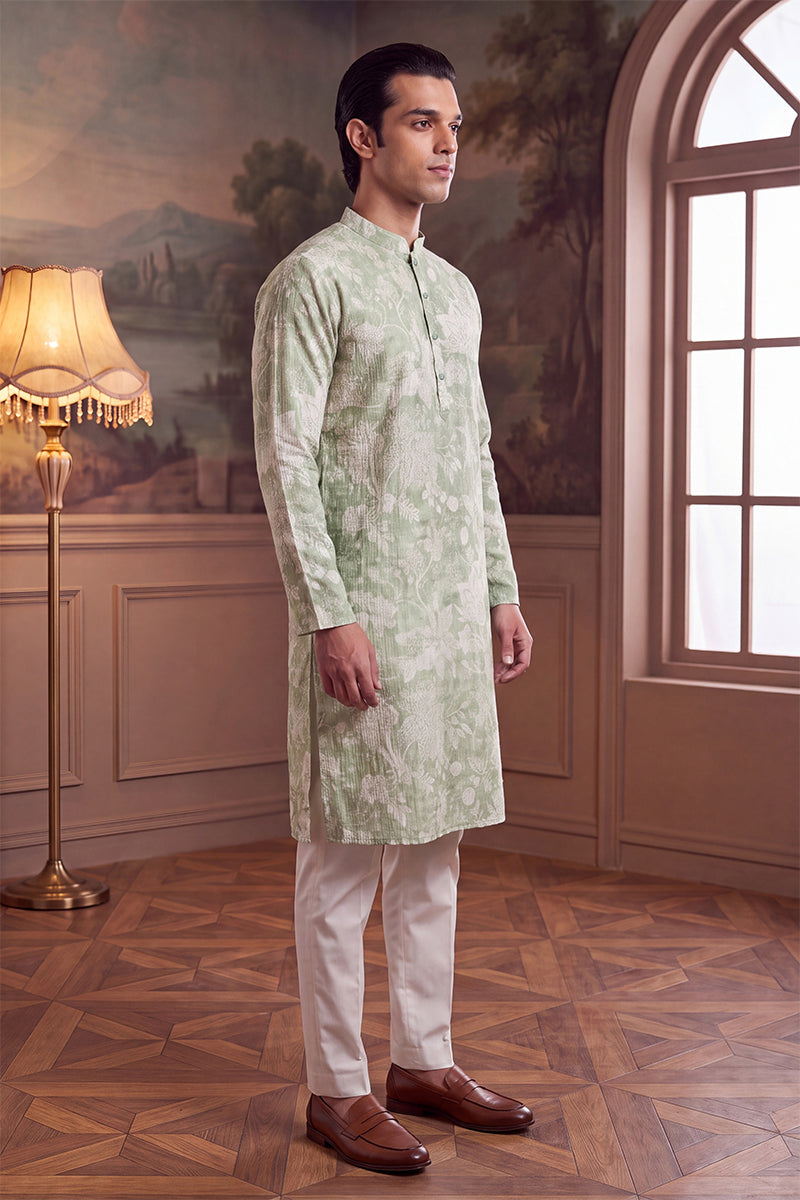 Mens Green Linen Blend Floral Printed Kurta MKU2628