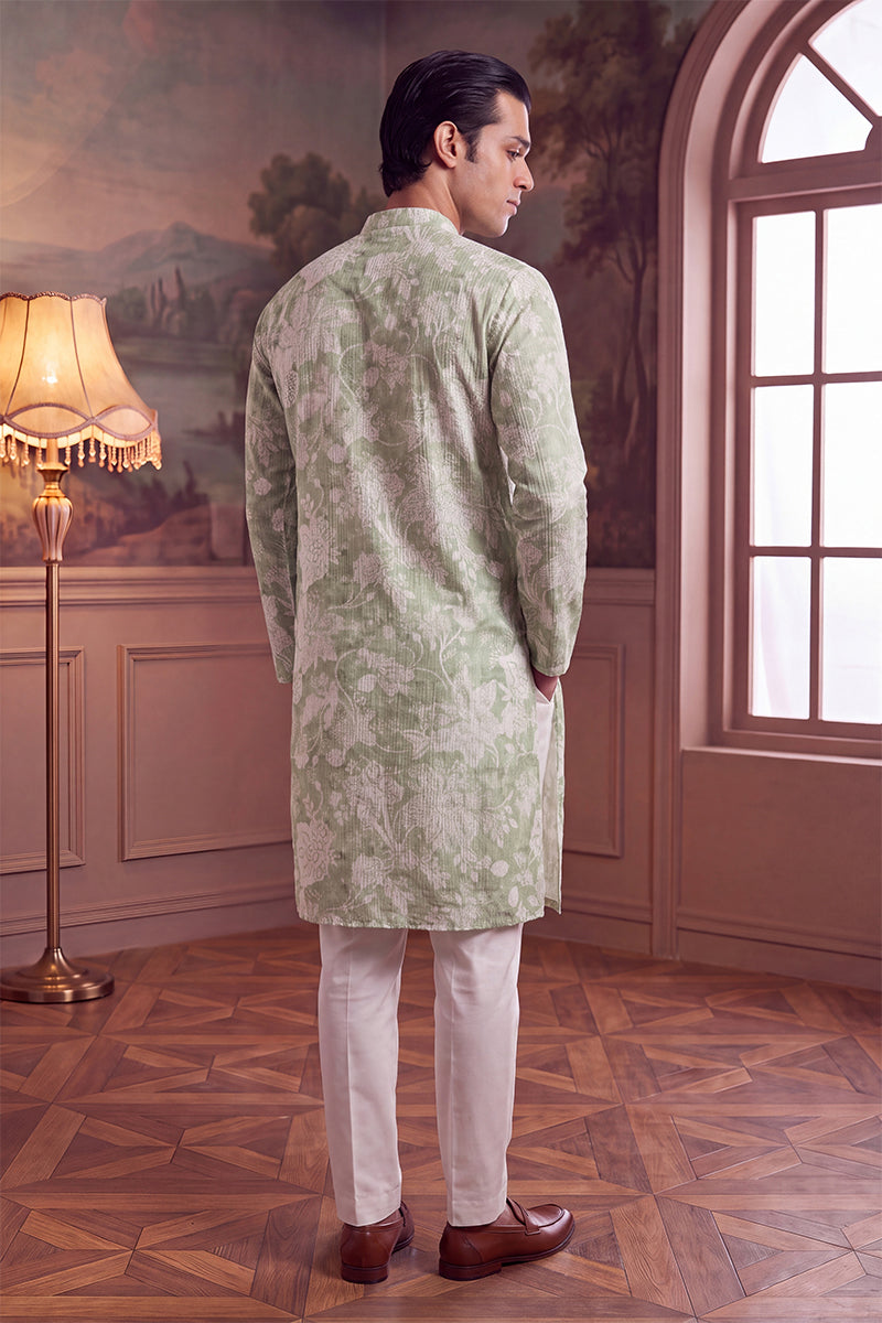 Mens Green Linen Blend Floral Printed Kurta With Trouser MKSET2628