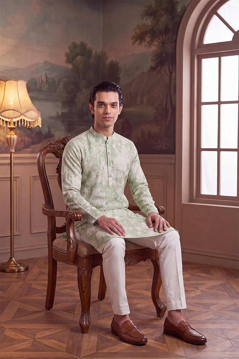 Mens Green Linen Blend Floral Printed Kurta With Trouser