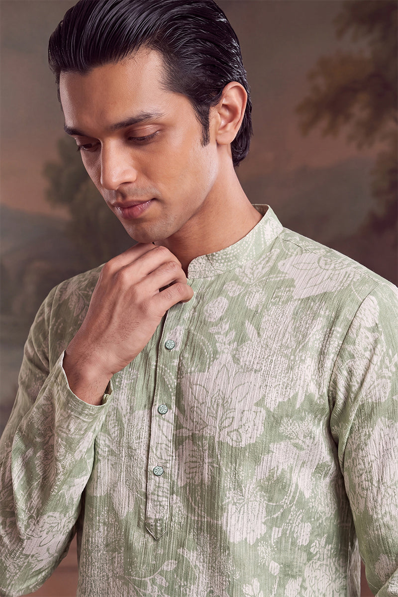 Mens Green Linen Blend Floral Printed Kurta