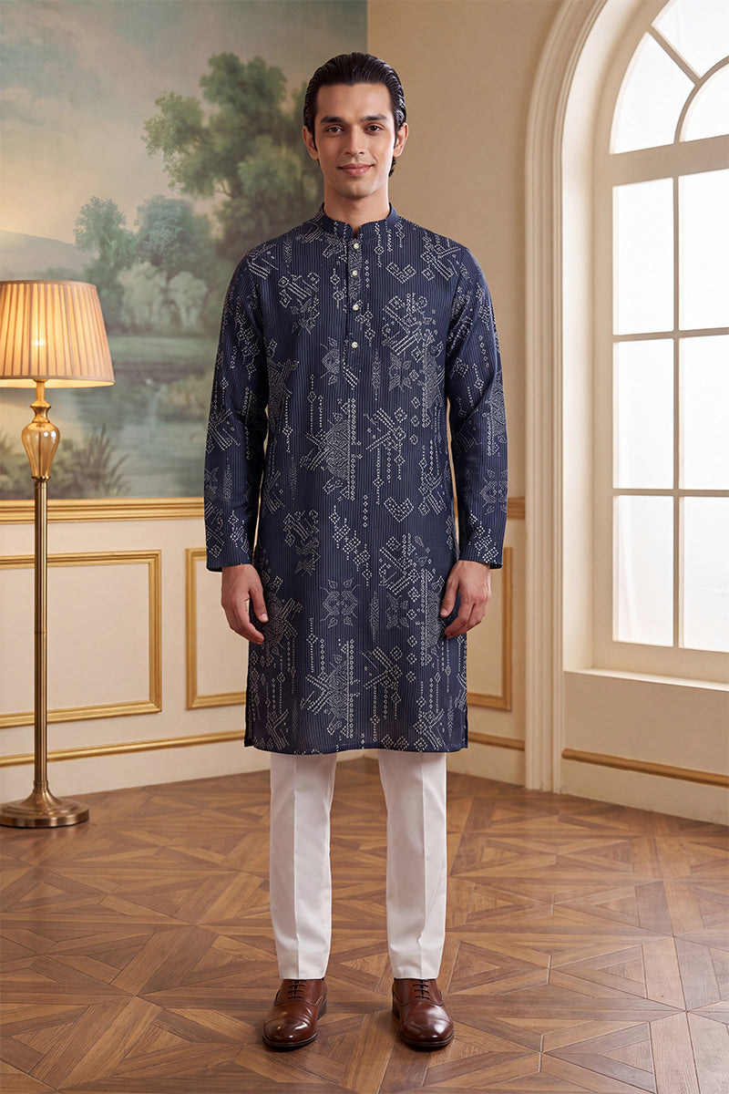 Mens Blue Linen Blend Ethnic Motifs Printed Kurta With Trouser MKSET2630