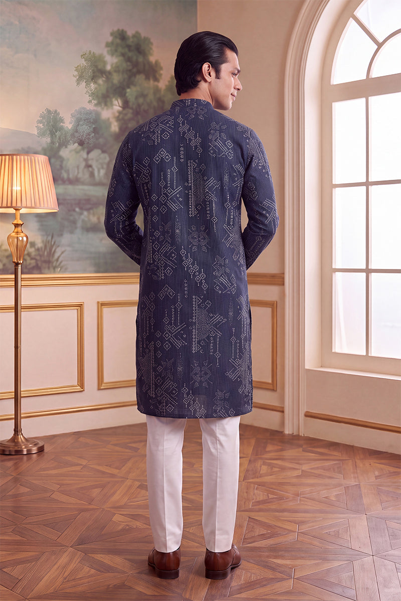 Mens Blue Linen Blend Ethnic Motifs Printed Kurta With Trouser MKSET2630