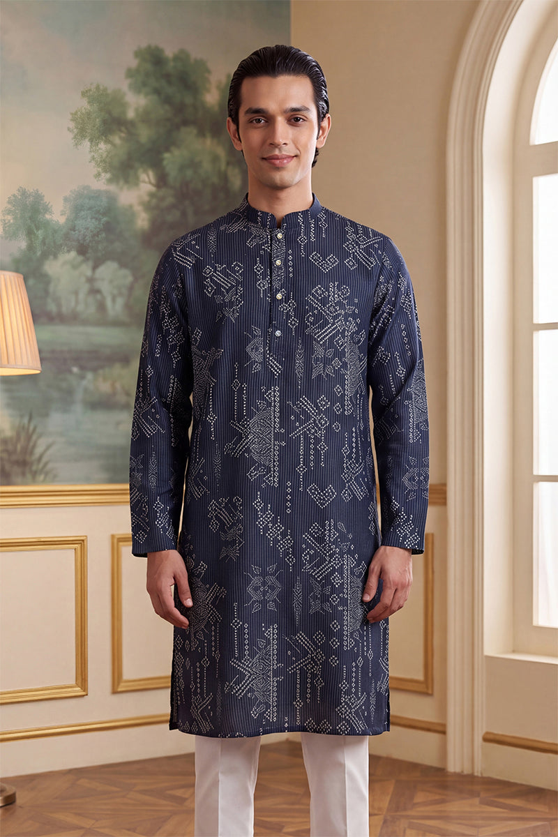 Mens Blue Linen Blend Ethnic Motifs Printed Kurta With Trouser MKSET2630