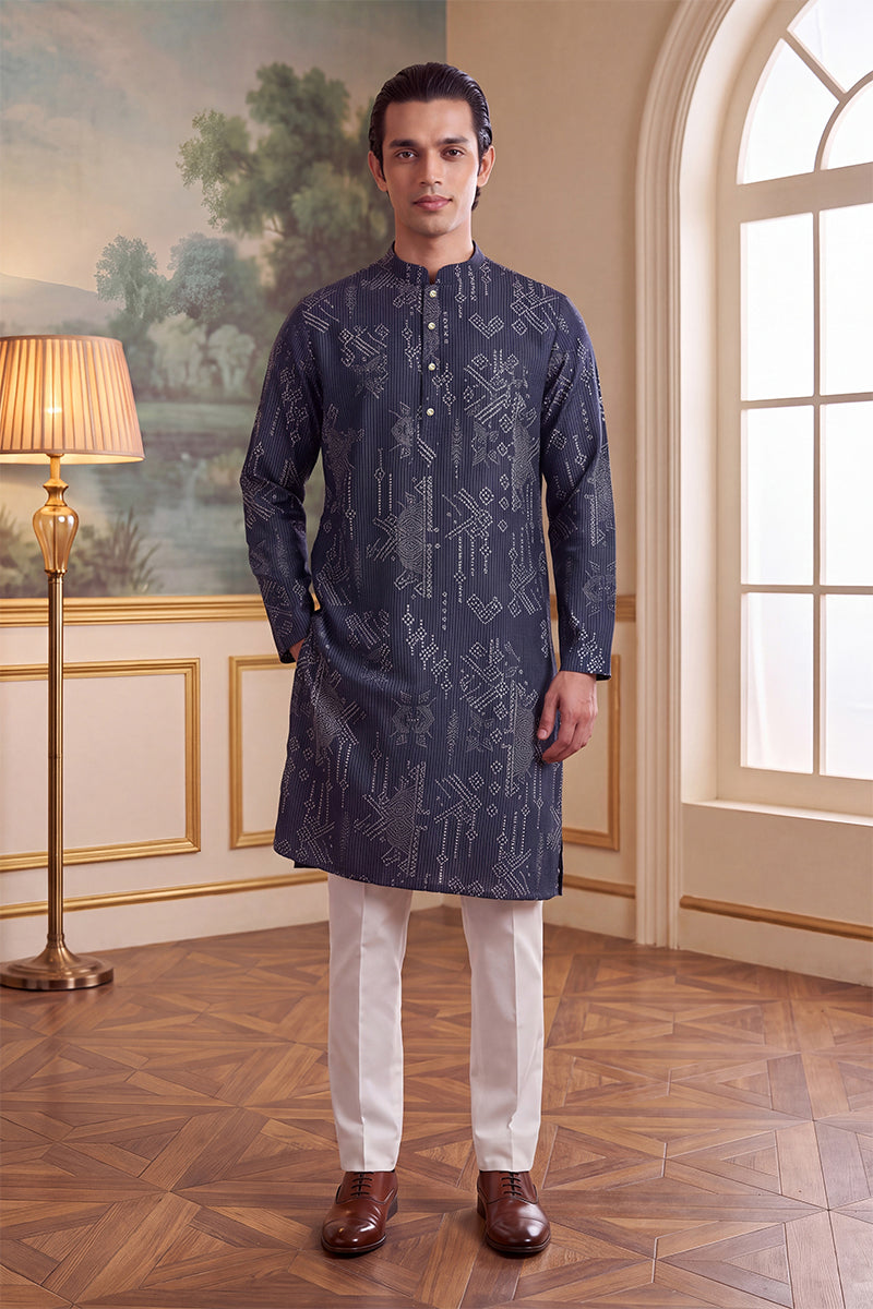 Mens Blue Linen Blend Ethnic Motifs Printed Kurta With Trouser