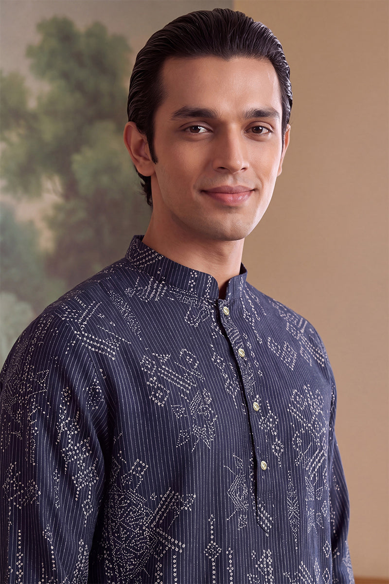 Mens Blue Linen Blend Ethnic Motifs Printed Kurta With Trouser