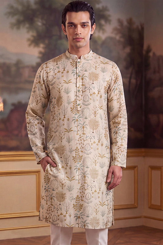 Mens Off White Linen Blend Ethnic Motifs Printed Kurta MKU2631
