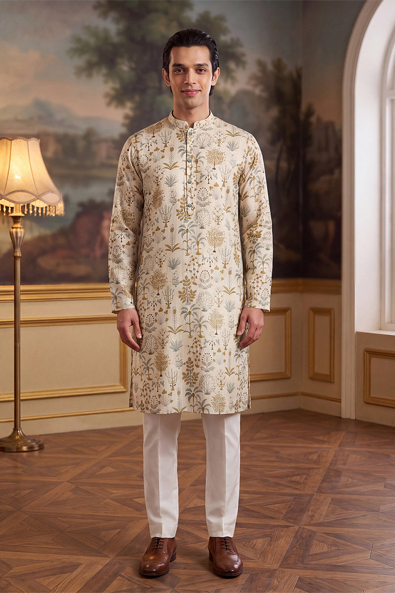 Mens Off White Linen Blend Ethnic Motifs Printed Kurta MKU2631