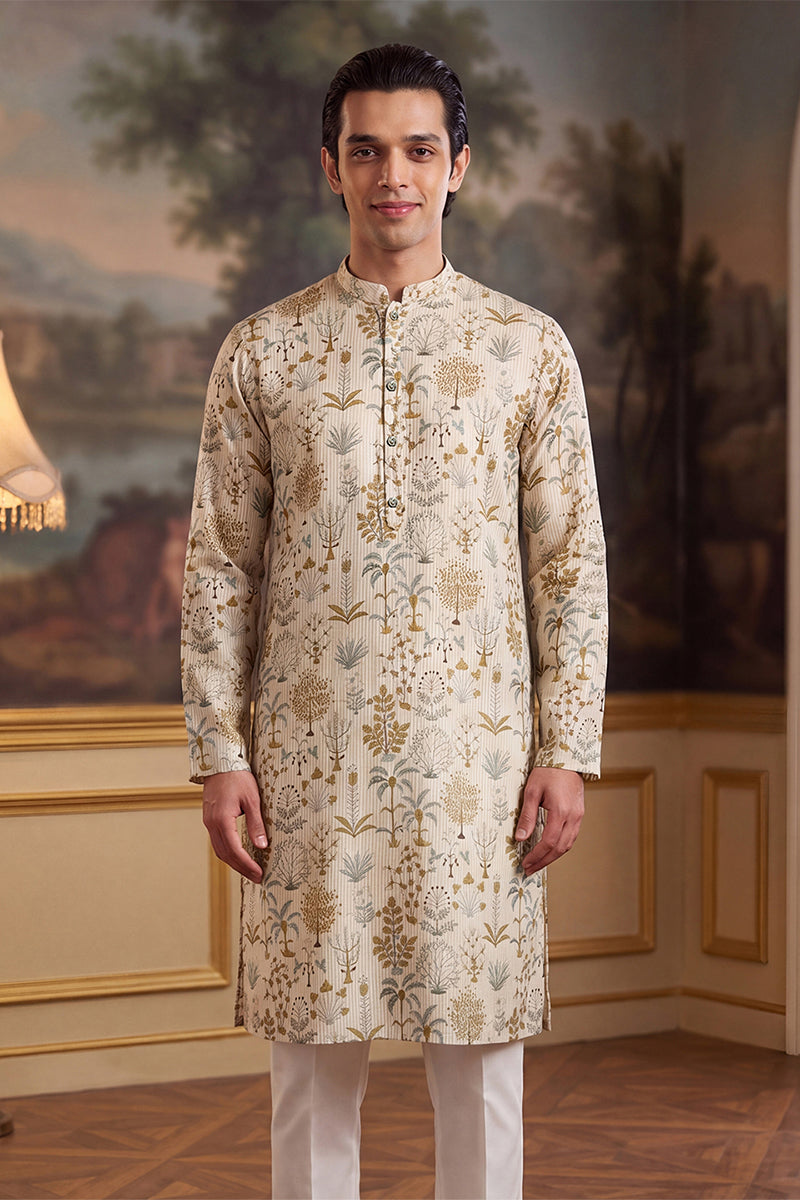 Mens Off White Linen Blend Ethnic Motifs Printed Kurta MKU2631
