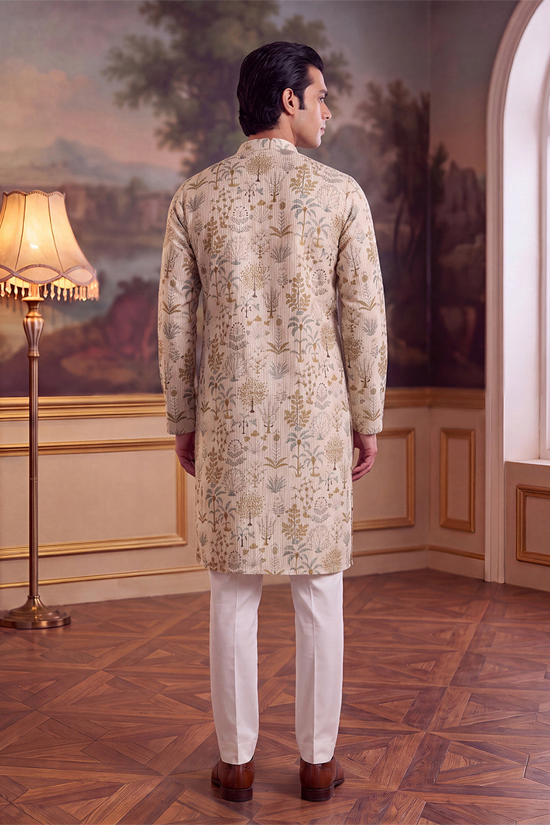 Mens Off White Linen Blend Ethnic Motifs Printed Kurta MKU2631
