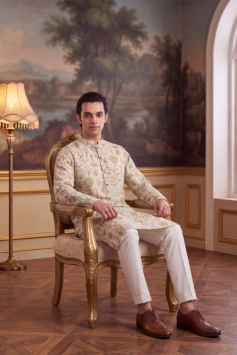 Mens Off White Linen Blend Ethnic Motifs Printed Kurta