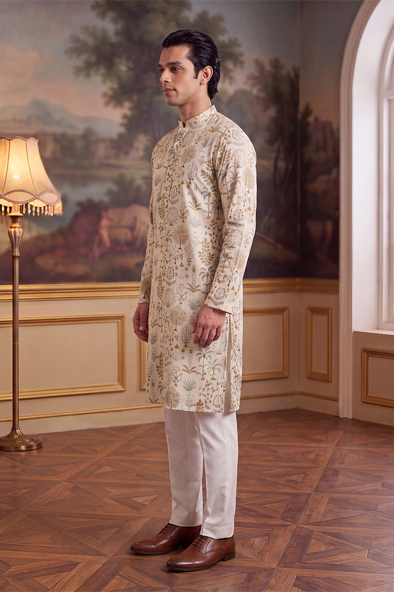 Mens Off White Linen Blend Ethnic Motifs Printed Kurta