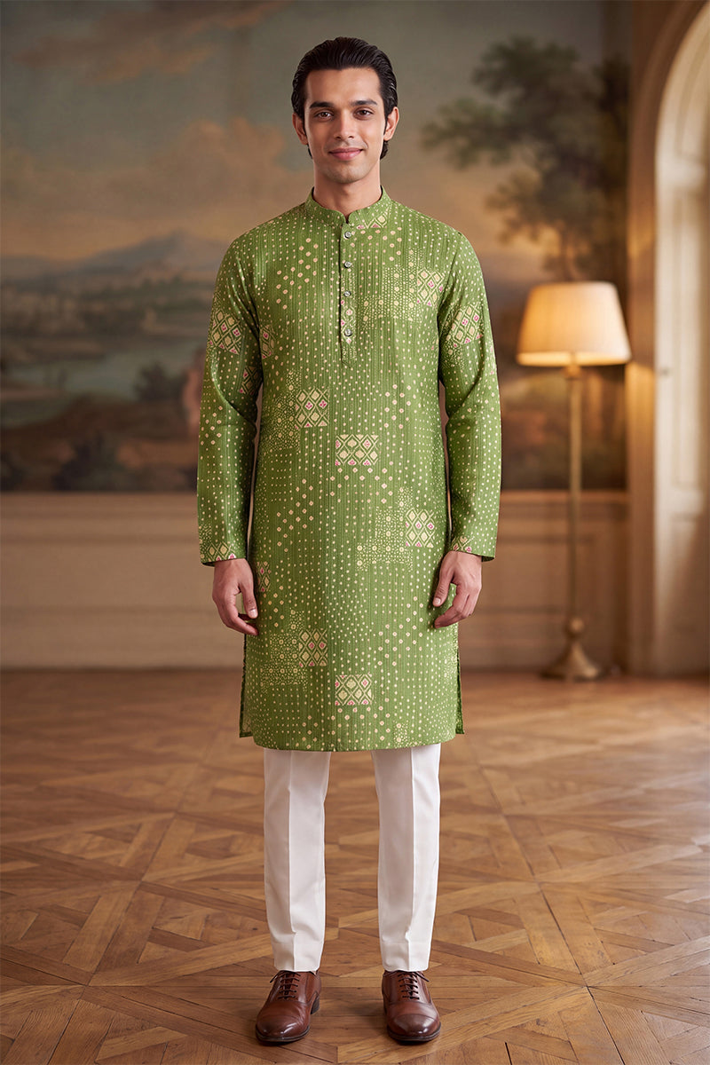 Mens Green Linen Blend Bandhani Printed Kurta MKU2639