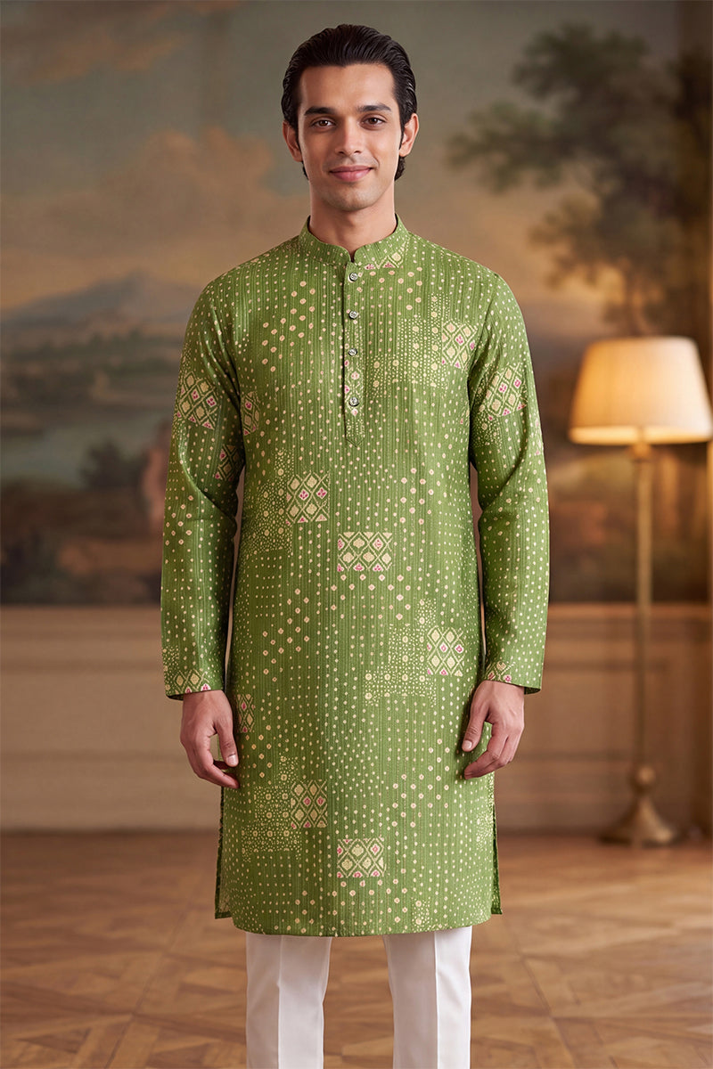 Mens Green Linen Blend Bandhani Printed Kurta MKU2639