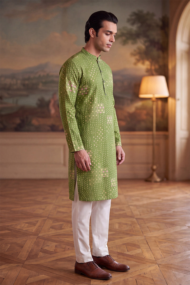 Mens Green Linen Blend Bandhani Printed Kurta With Trouser MKSET2639