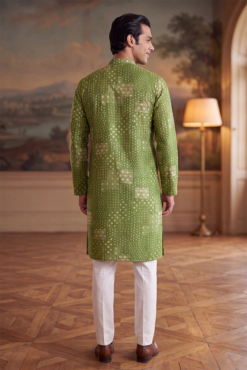 Mens Green Linen Blend Bandhani Printed Kurta MKU2639
