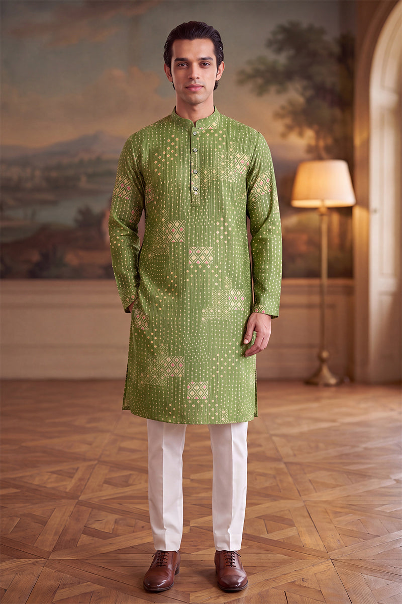 Mens Green Linen Blend Bandhani Printed Kurta