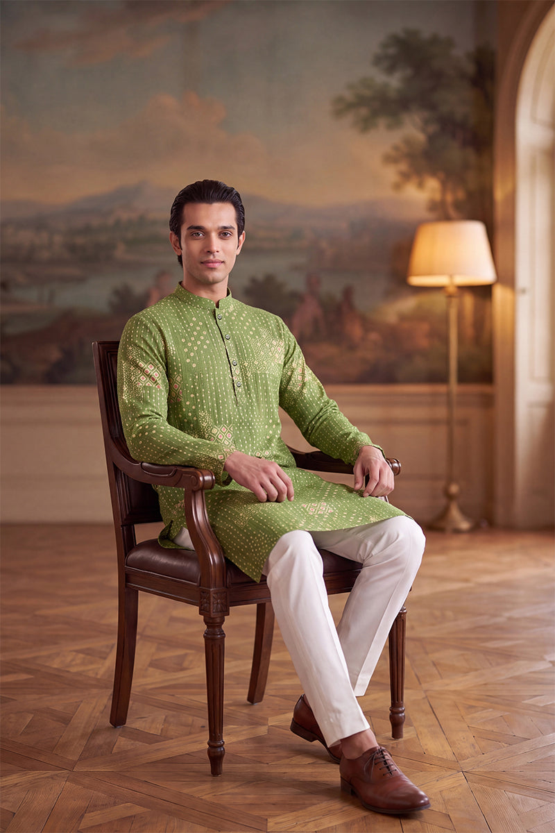 Mens Green Linen Blend Bandhani Printed Kurta
