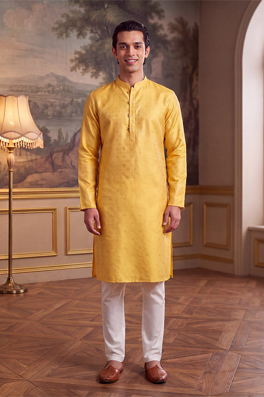Mens Yellow Jacquard Ethnic Motifs Woven Design Kurta With Trouser MKSET2640