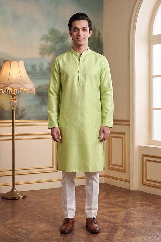 Mens Green Jacquard Ethnic Motifs Woven Design Kurta With Trouser MKSET2641