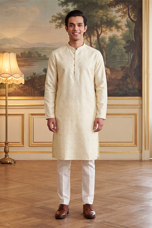 Mens Off White Jacquard Ethnic Motifs Woven Design Kurta With Trouser MKSET2643
