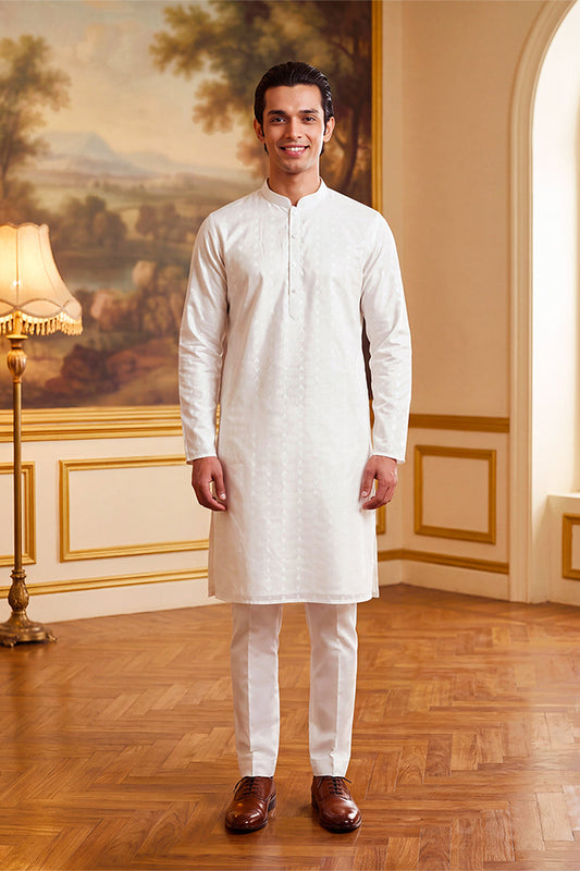 Mens White Cotton Ethnic Motifs Woven Design Kurta MKU2705