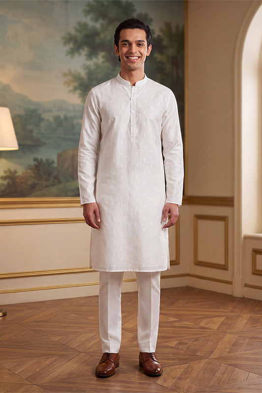 Mens White Cotton Ethnic Motifs Woven Design Kurta MKU2707