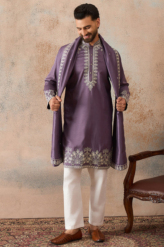 Mens Lavender Silk Blend Solid Embroidered Kurta With Dupatta MKUD1009