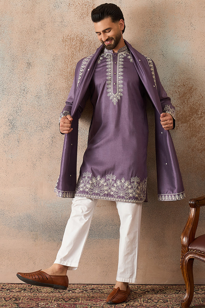 Mens Lavender Silk Blend Solid Embroidered Kurta & Trouser With Dupatta MKPD1009