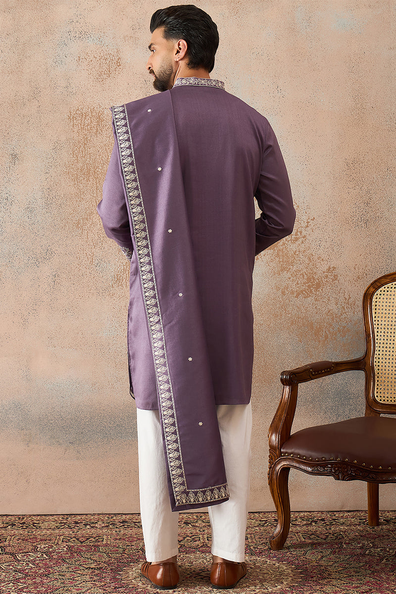 Mens Lavender Silk Blend Solid Embroidered Kurta & Trouser With Dupatta MKPD1009