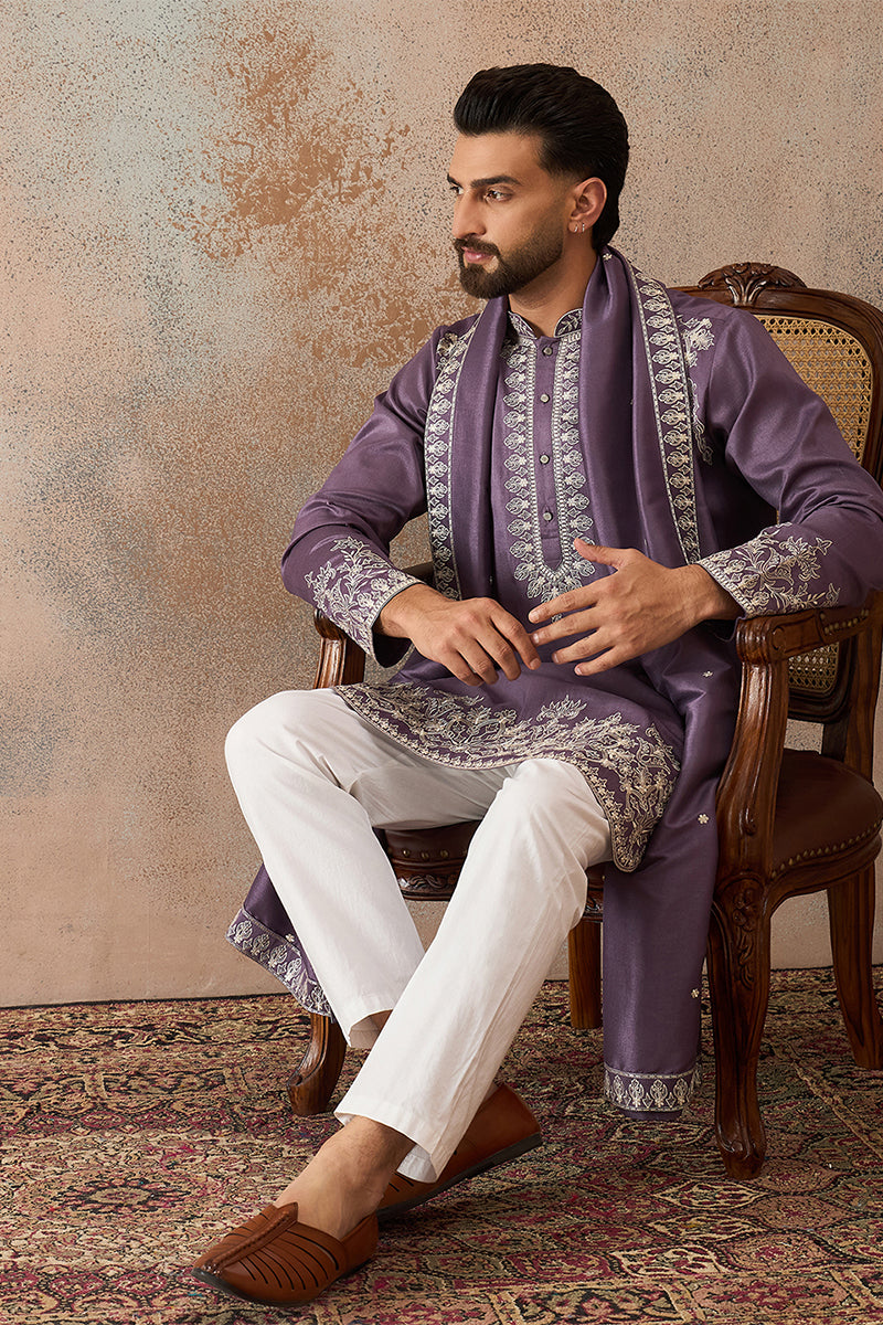 Mens Lavender Silk Blend Solid Embroidered Kurta & Trouser With Dupatta