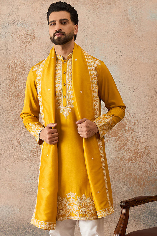 Mens Yellow Silk Blend Solid Embroidered Kurta With Dupatta MKUD1010