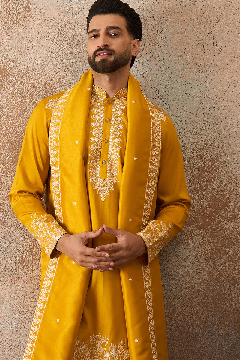 Mens Yellow Silk Blend Solid Embroidered Kurta With Dupatta MKUD1010