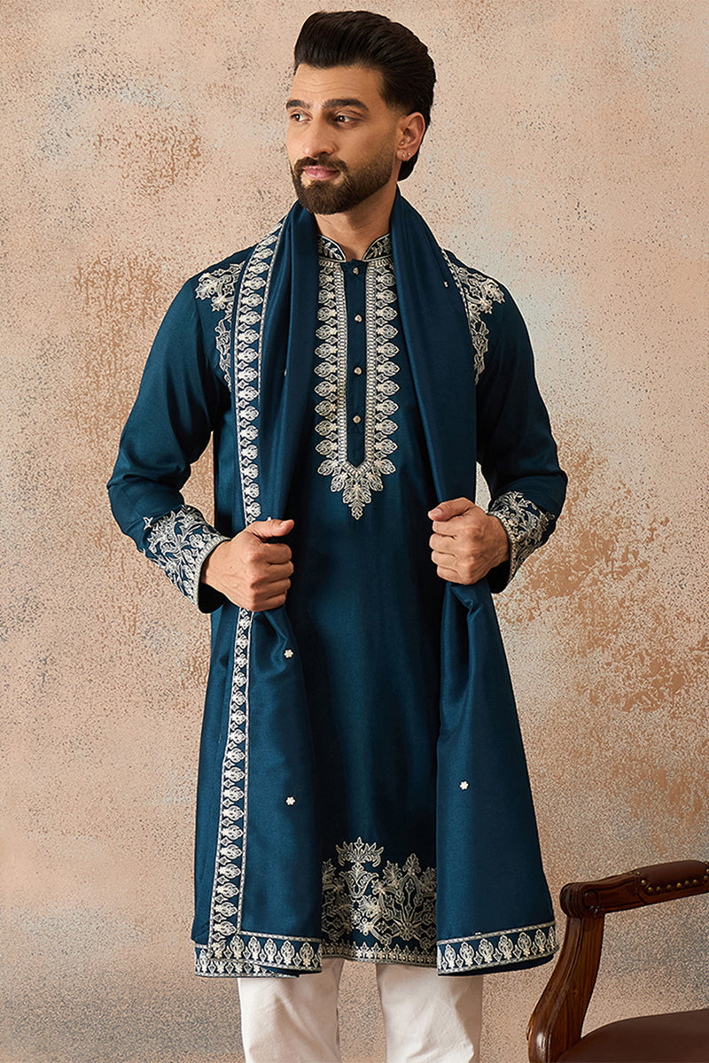 Mens Blue Silk Blend Solid Embroidered Kurta With Dupatta MKUD1011