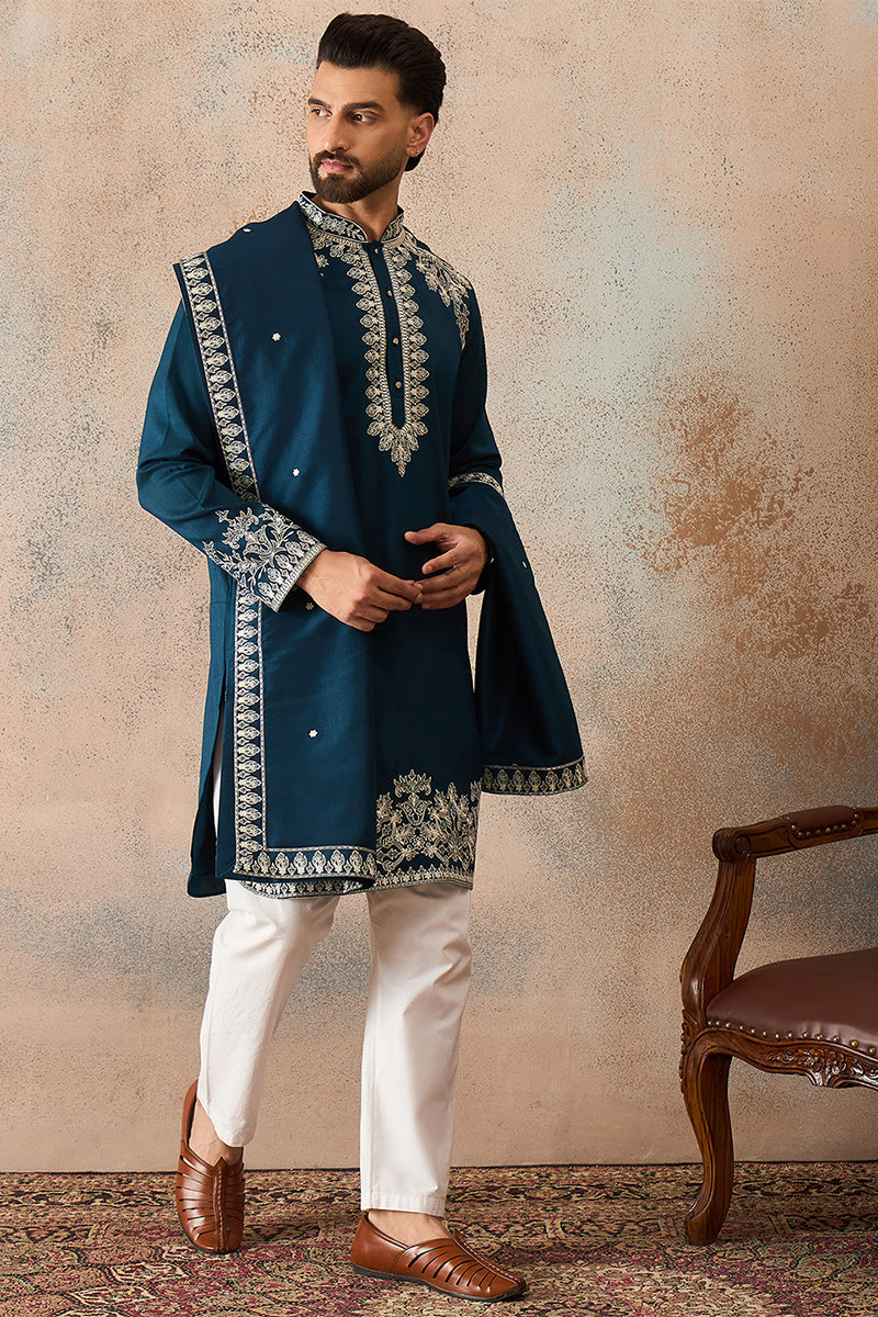 Mens Blue Silk Blend Solid Embroidered Kurta With Dupatta MKUD1011