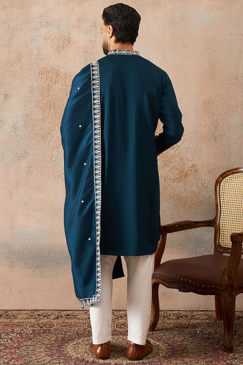 Mens Blue Silk Blend Solid Embroidered Kurta With Dupatta MKUD1011