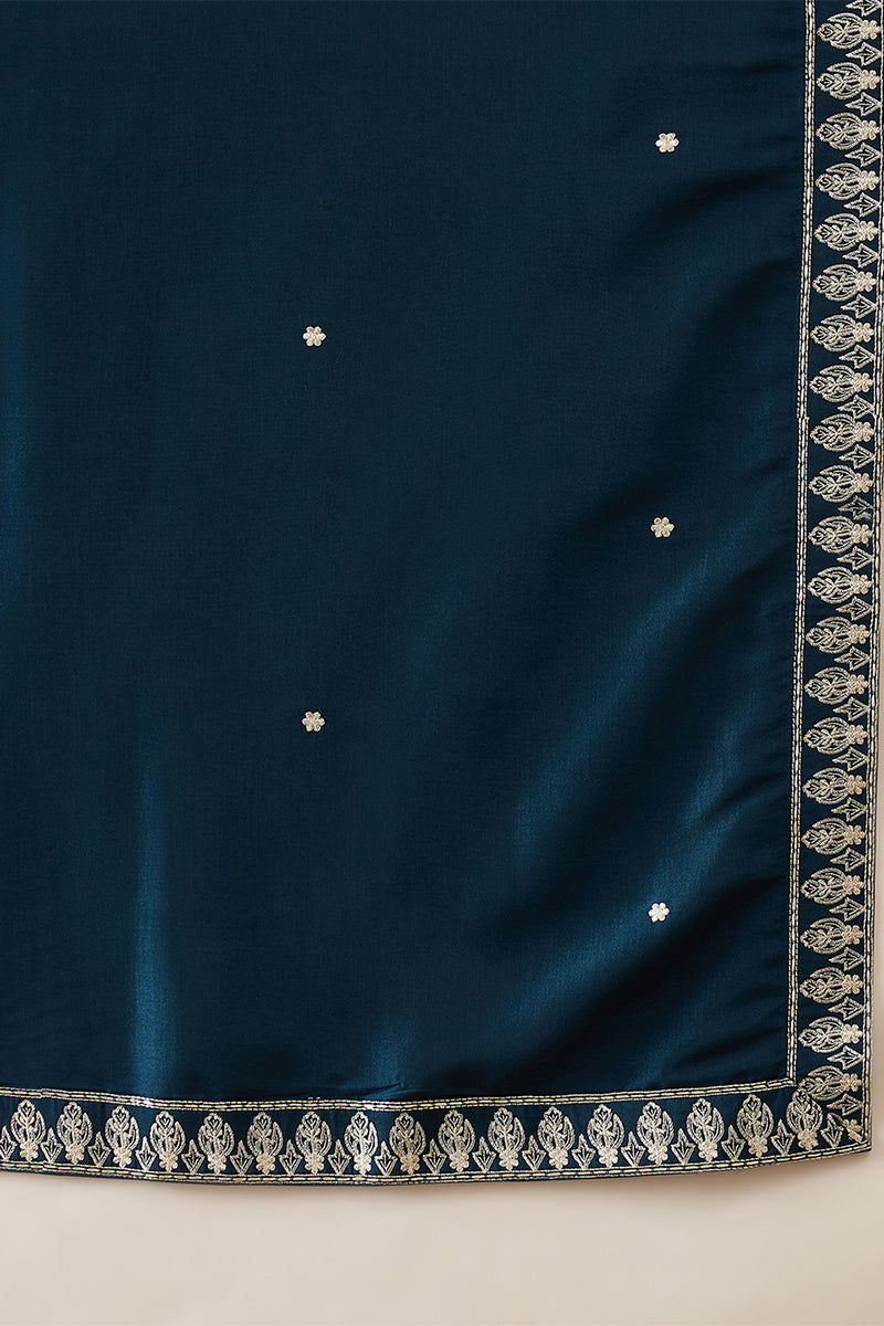 Mens Blue Silk Blend Solid Embroidered Kurta With Dupatta