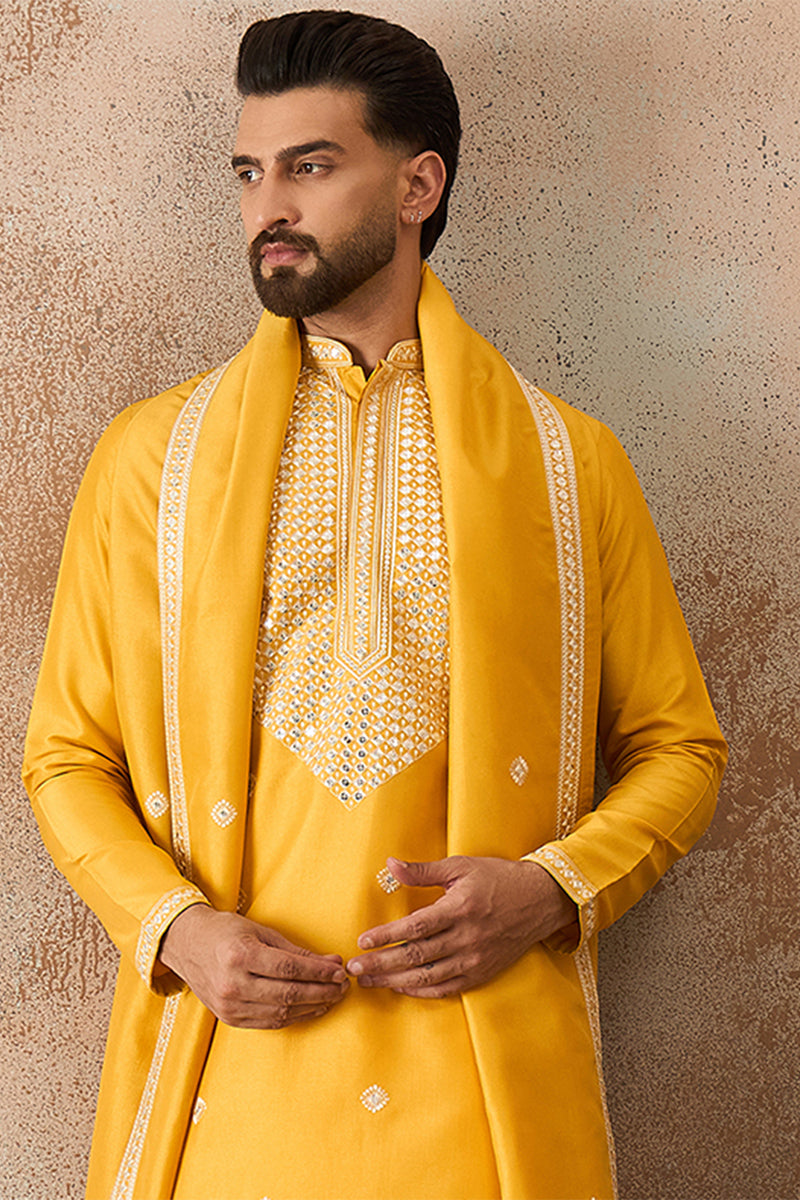Mens Yellow Silk Blend Solid Embroidered Kurta And Trouser With Dupatta MKPD1015