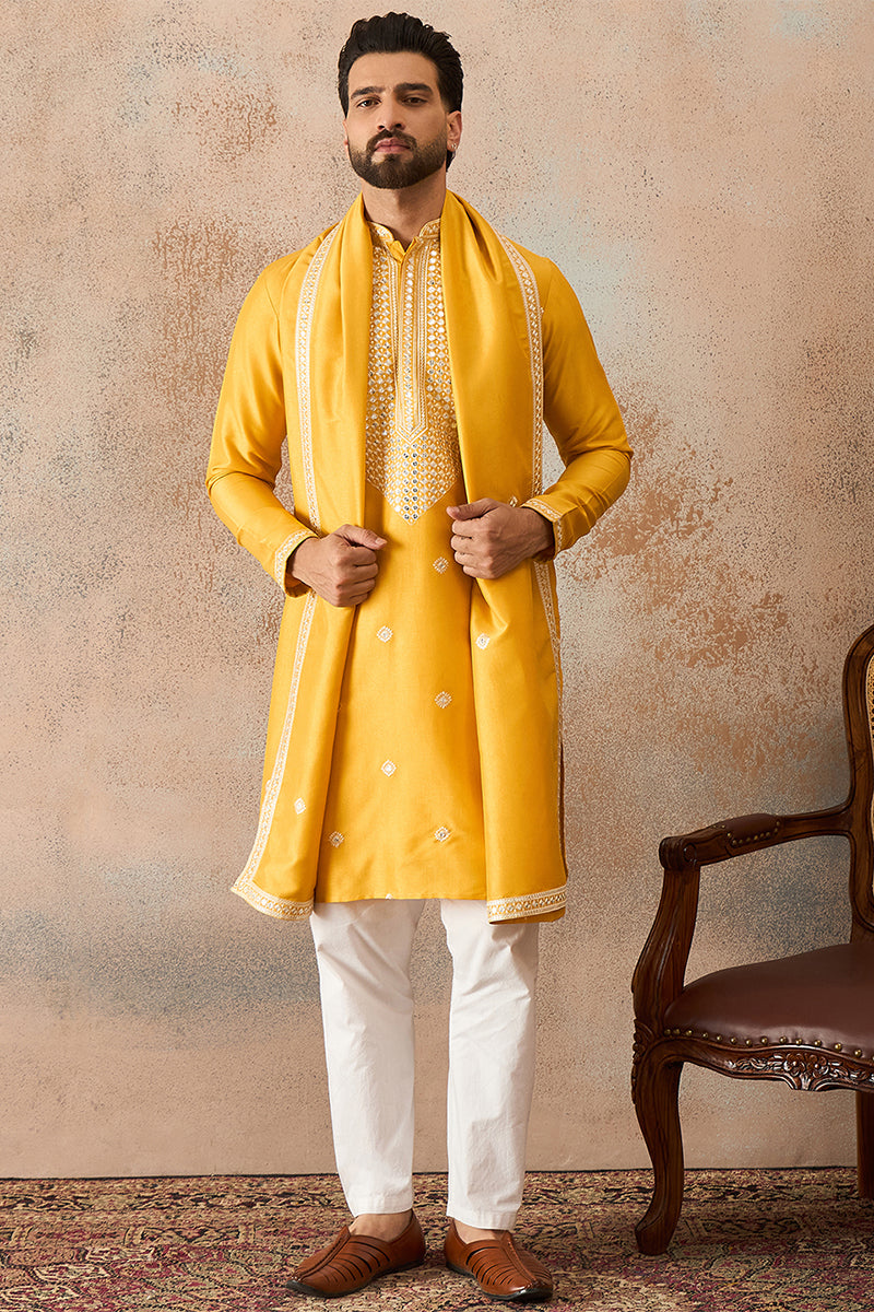 Mens Yellow Silk Blend Solid Embroidered Kurta And Trouser With Dupatta MKPD1015