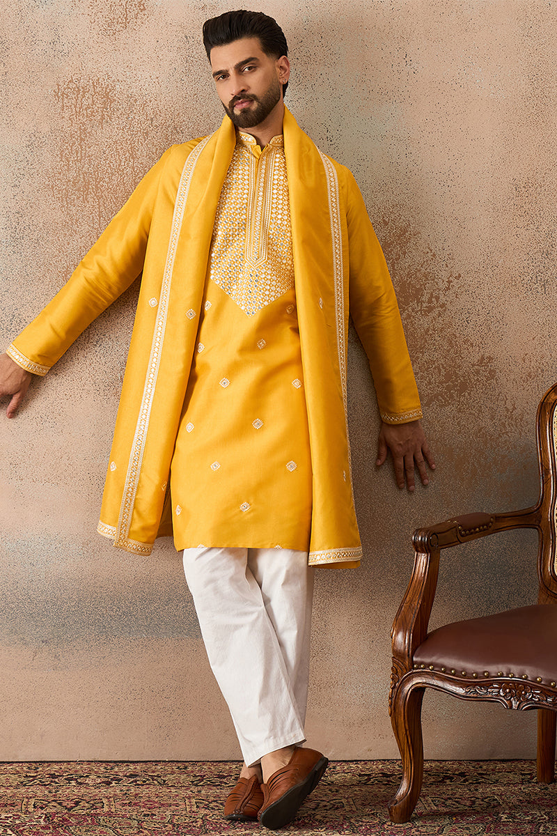 Mens Yellow Silk Blend Solid Embroidered Kurta And Trouser With Dupatta