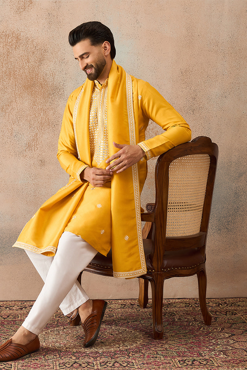 Mens Yellow Silk Blend Solid Embroidered Kurta And Trouser With Dupatta