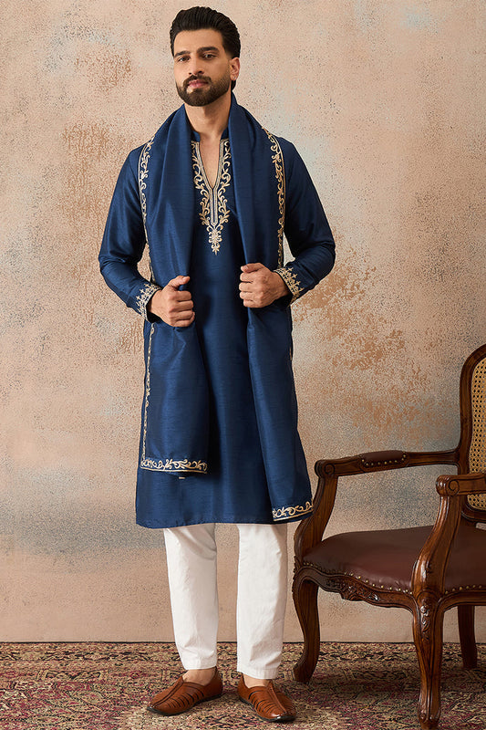 Mens Blue Silk Blend Solid Embroidered Kurta With Dupatta MKUD1020