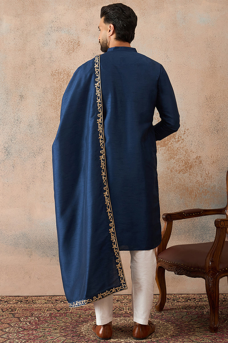 Mens Blue Silk Blend Solid Embroidered Kurta With Dupatta MKUD1020